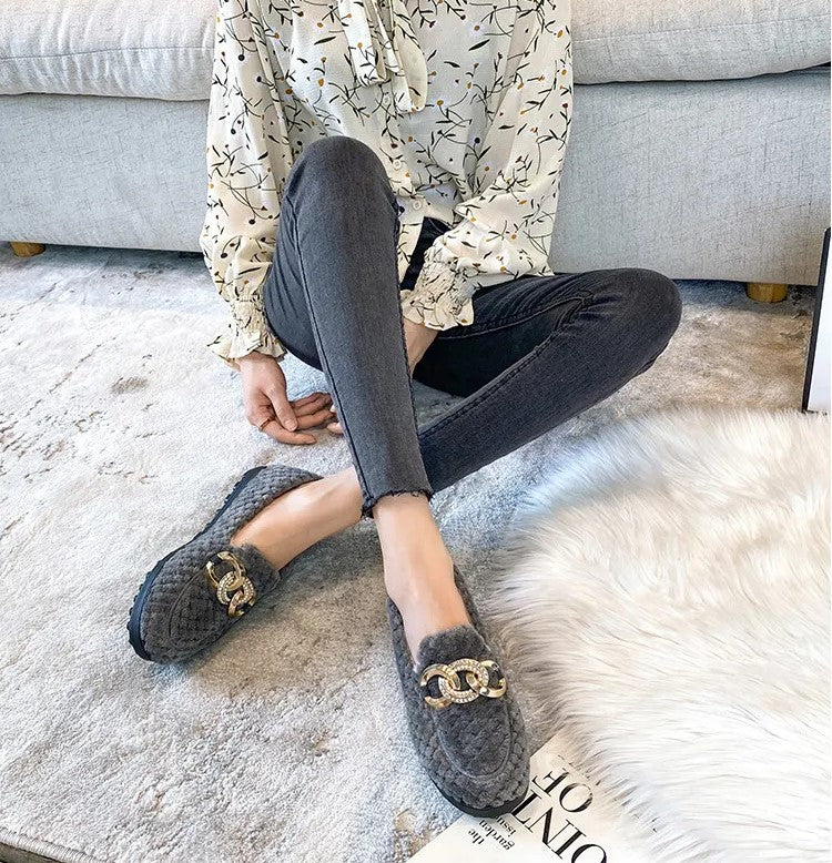 Grijze dames winter loafers met warme pluche voering en dikke zool