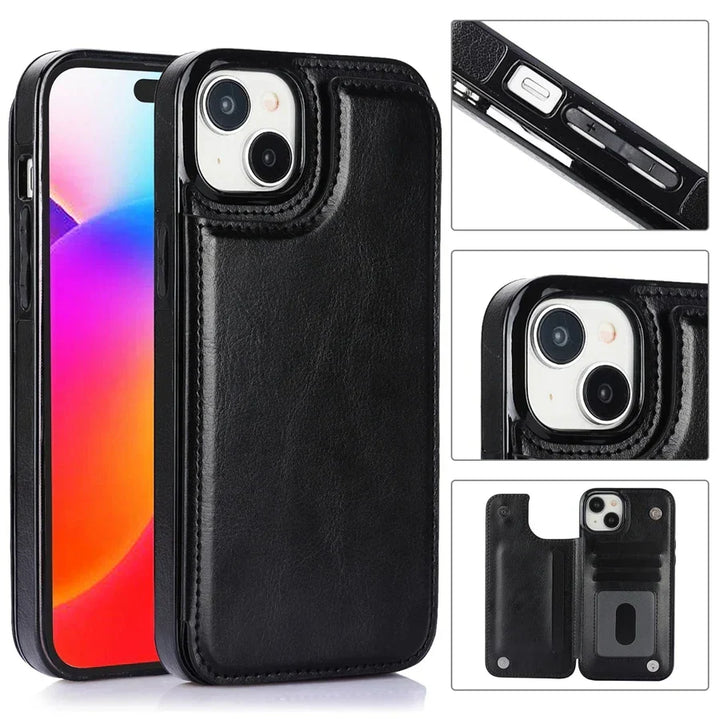 Hand houdt een luxe lederen iPhone portemonneehoes vast, toont gemakkelijke toegang tot pasjes.