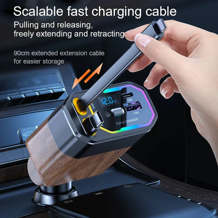 Autolader in gebruik, toont 120W snel opladen via USB-C en sigarettenaansteker voor reizen en gadgets.