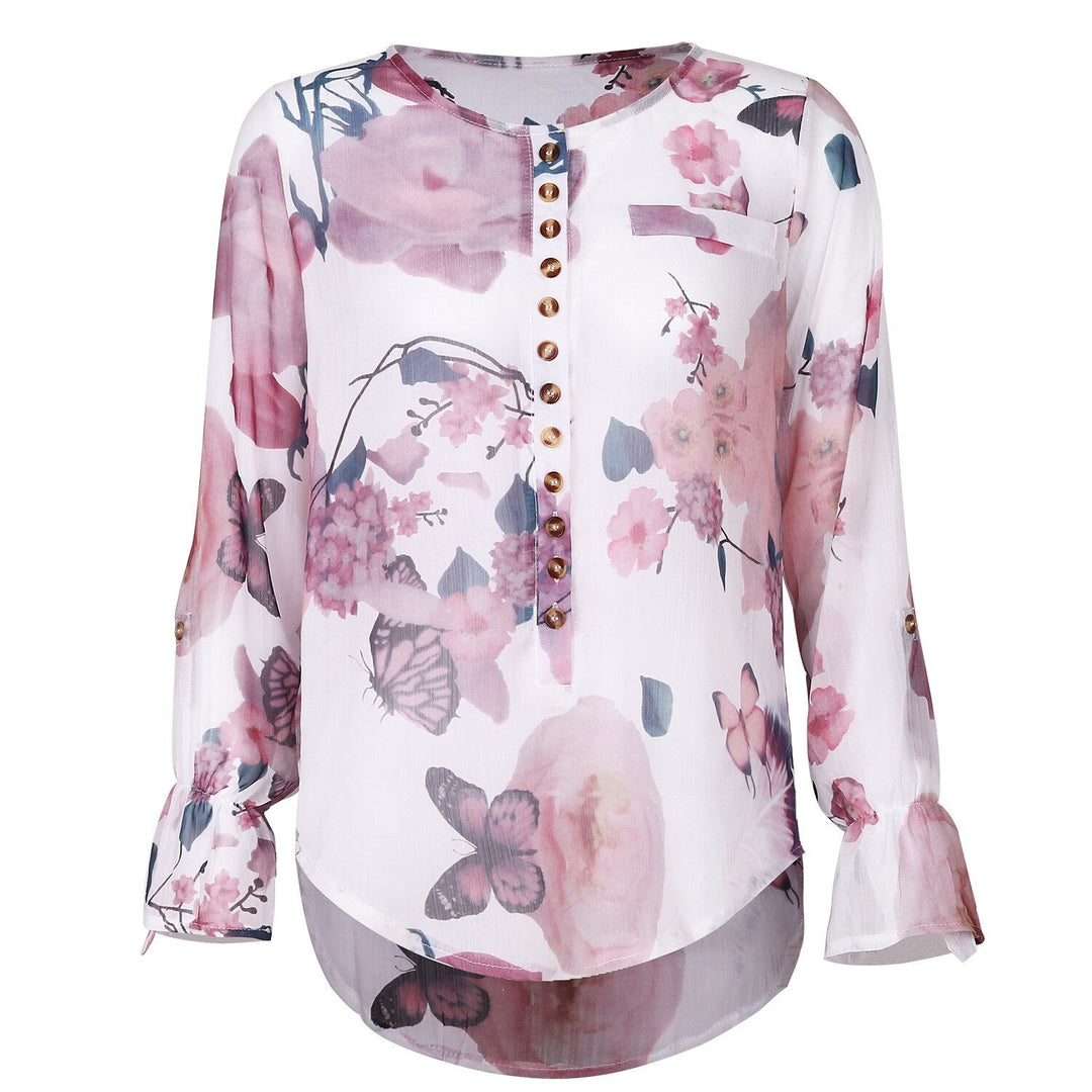 Achterkant van de stijlvolle vrouwenmode bloemenblouse met korte mouwen