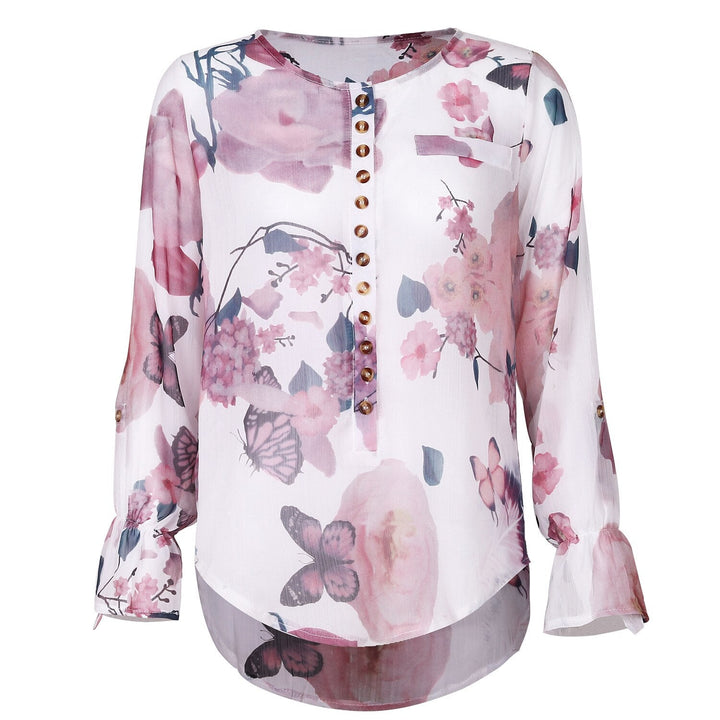 Achterkant van de stijlvolle vrouwenmode bloemenblouse met korte mouwen