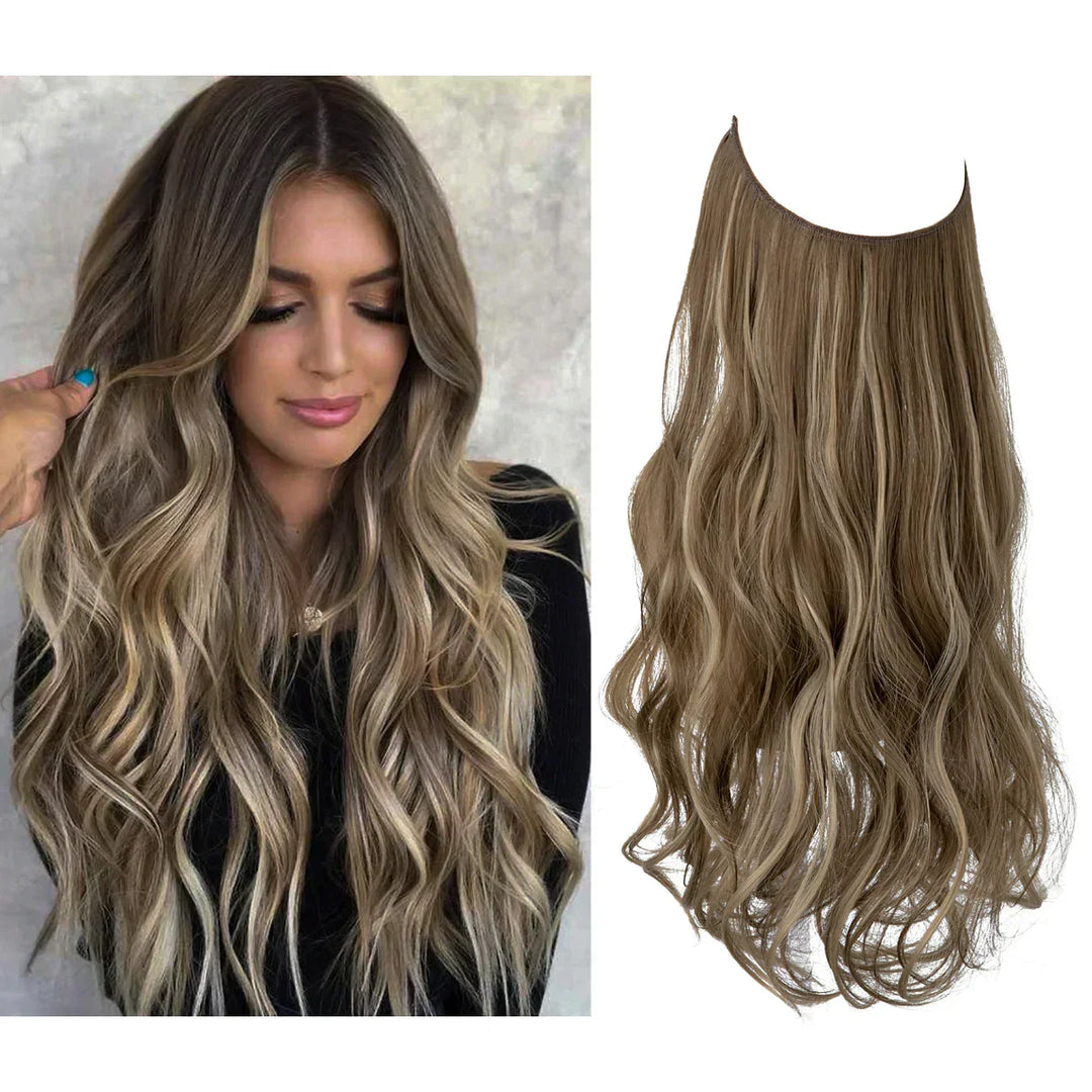 Model met prachtige golvende haarextensions in natuurlijke blonde tint