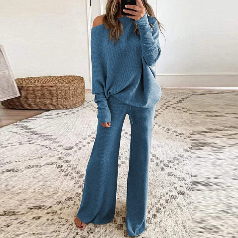 Comfortabele combiset huispak voor dames met lange mouwen en uitlopende broek
