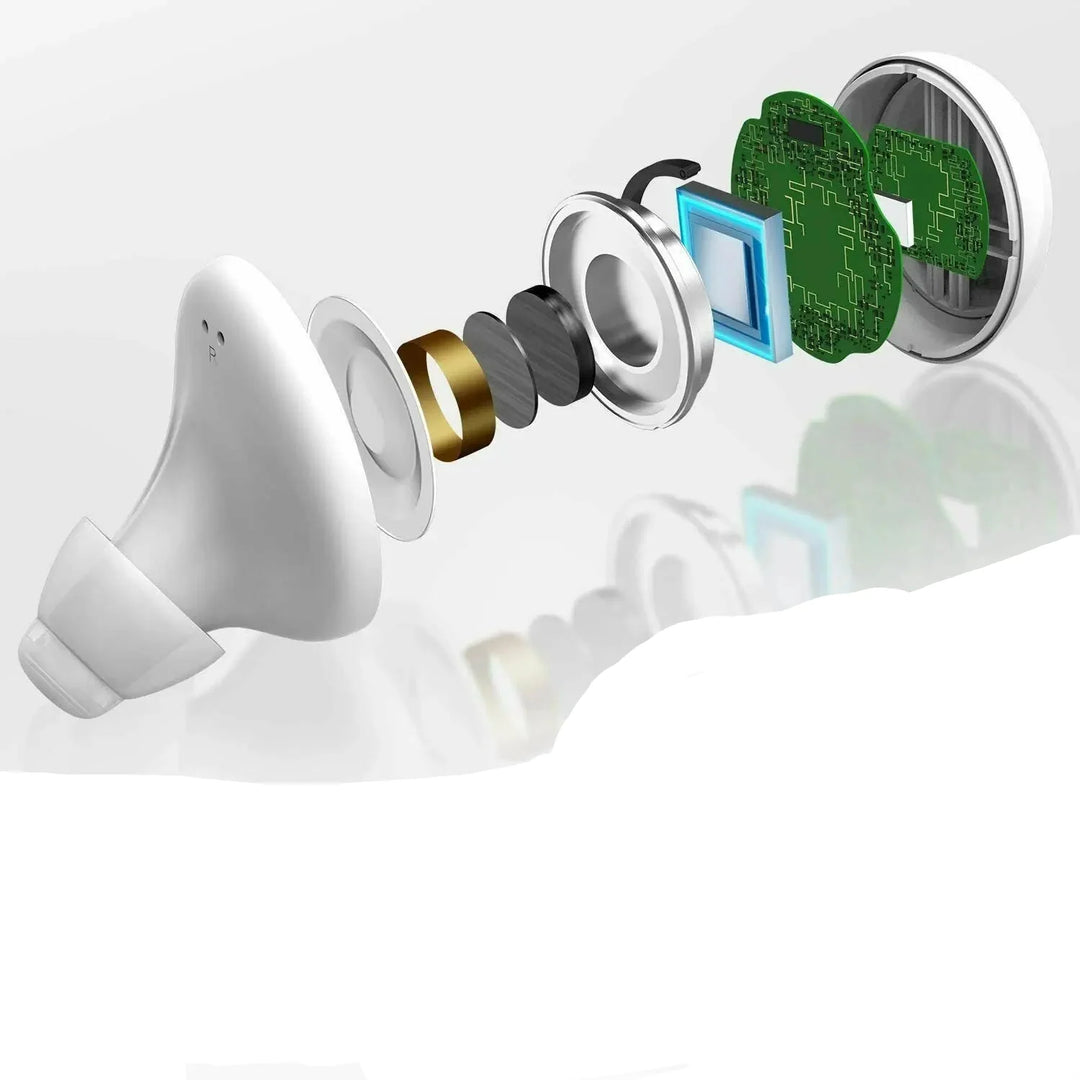 Doorsnede weergave van de interne componenten en technologie van het bluetooth hoortoestel