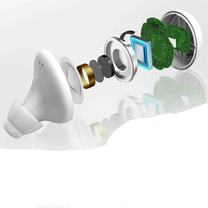 Doorsnede weergave van de interne componenten en technologie van het bluetooth hoortoestel