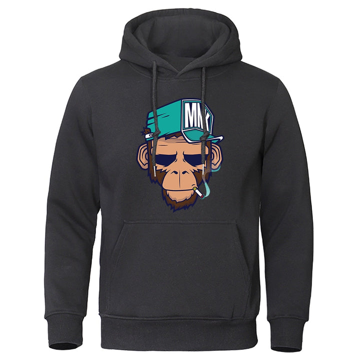 Unieke heren capuchontrui met opvallende apenprint, een trendy design voor herenmode.