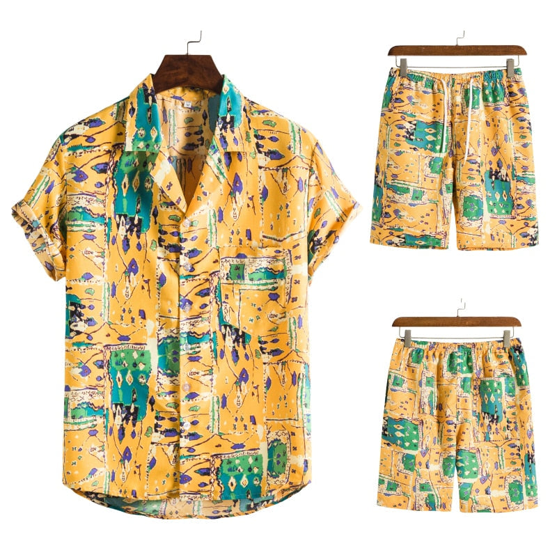 Luchtige heren zomer outfit met opvallende Hawaïaanse print. Comfortabel en stijlvol.