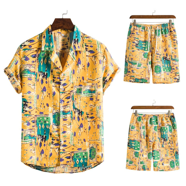 Luchtige heren zomer outfit met opvallende Hawaïaanse print. Comfortabel en stijlvol.