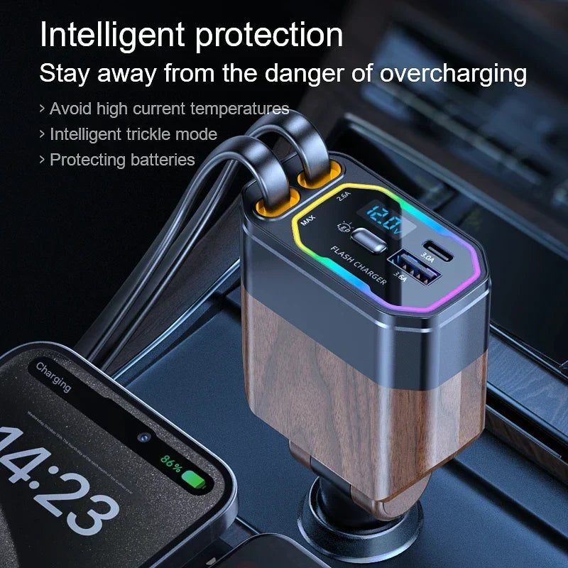 Efficiënte 120W opvouwbare autolader; 4-in-1 met USB-C voor snel en ruimtebesparend opladen in de auto.