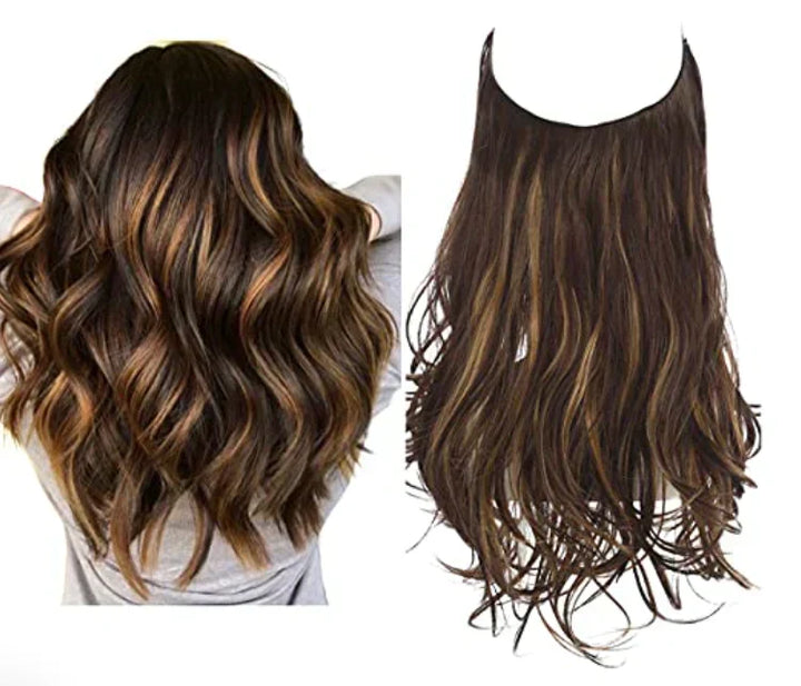 Haarextensions in diepe donkerbruine kleur met subtiele gouden highlights
