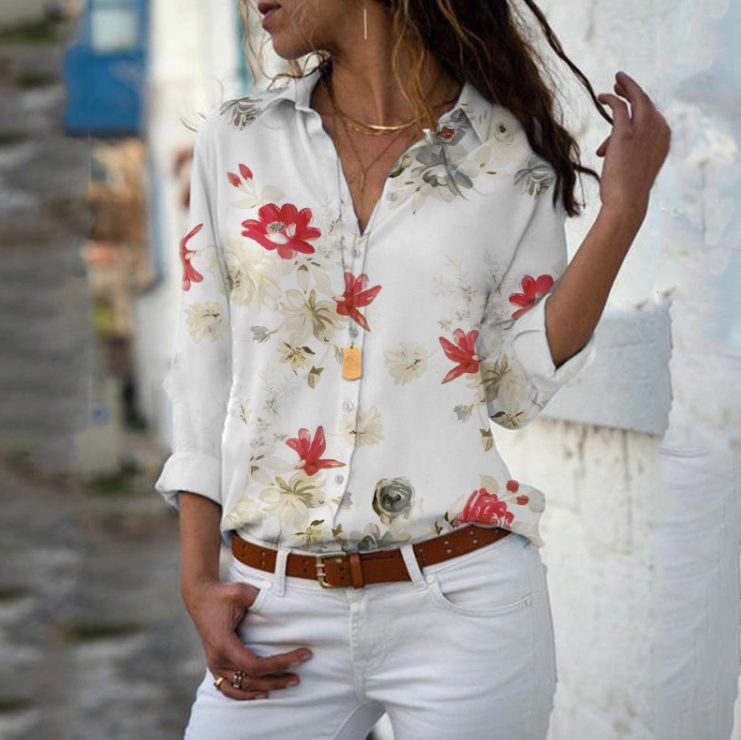 Dames bloemenblouse met knoopjes en v-hals aan voorzijde, comfortabele zomerblouse
