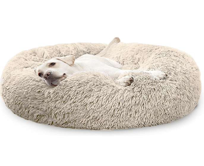 Comfortabele beige donut hondenmand met slapende hond