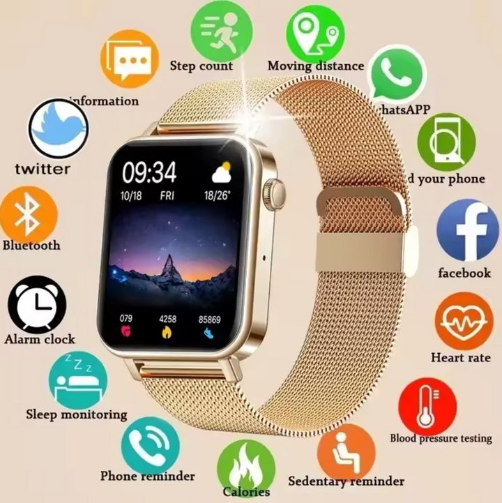 Stijlvolle gouden dames smartwatch met fitness tracker en hartslagmeter, perfect voor dagelijks gebruik.