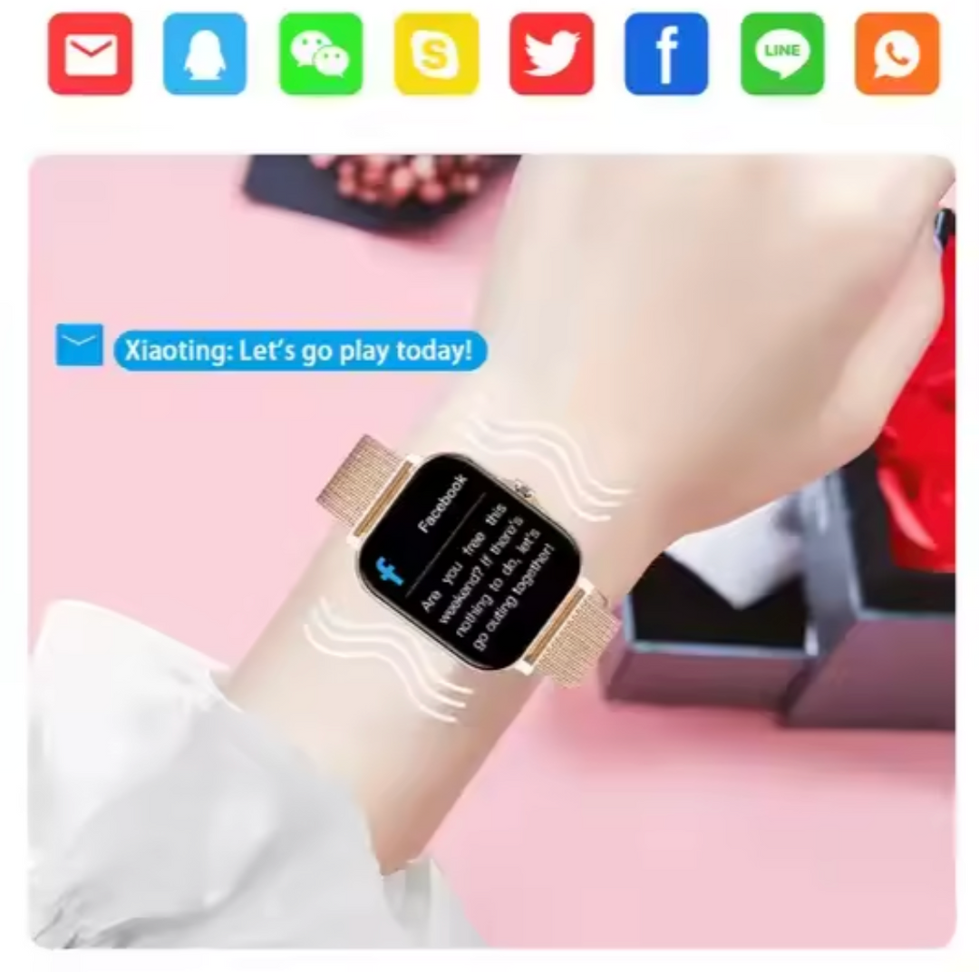 Helder display van de dames smartwatch toont meldingen, hartslag en dagelijkse activiteit overzichtelijk.