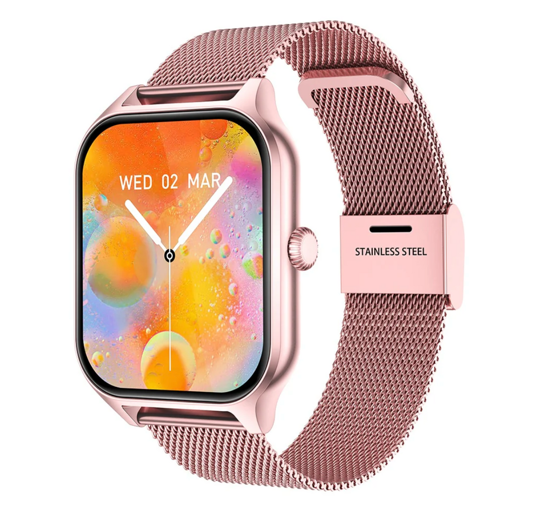 Roze dames smartwatch met geavanceerde gezondheidstracker, stappenteller en slaapmonitor voor actieve vrouwen.