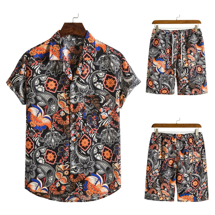 Kleurrijke Hawaiian set voor heren. Luchtige korte broek en t-shirt, perfect voor vakantie.