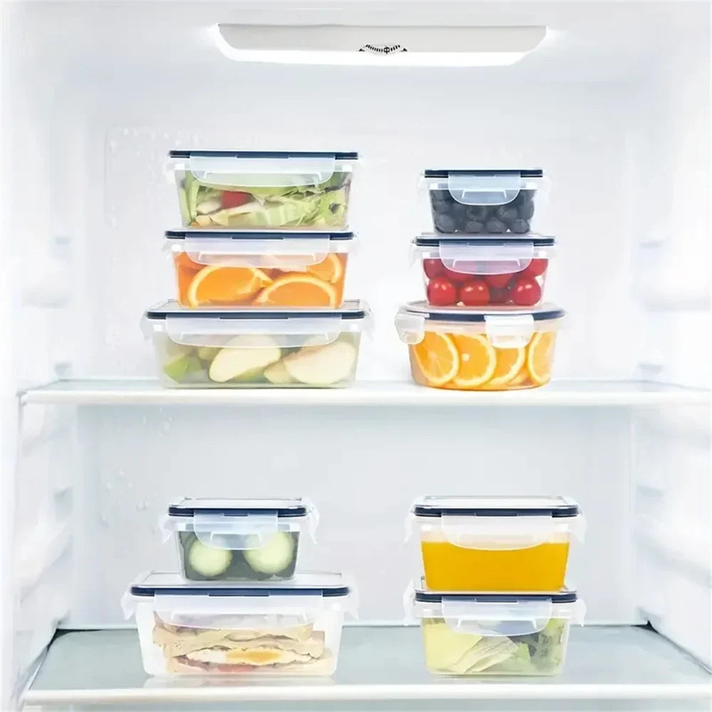 Transparante stapelbare voedselcontainers, BPA-vrij, voor optimale opslag en overzicht in de koelkast.