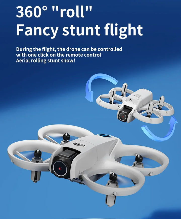 Twee AeroPro i drones voeren 360° rolstunts uit in de lucht, demonstrerend dynamische vliegprestaties.