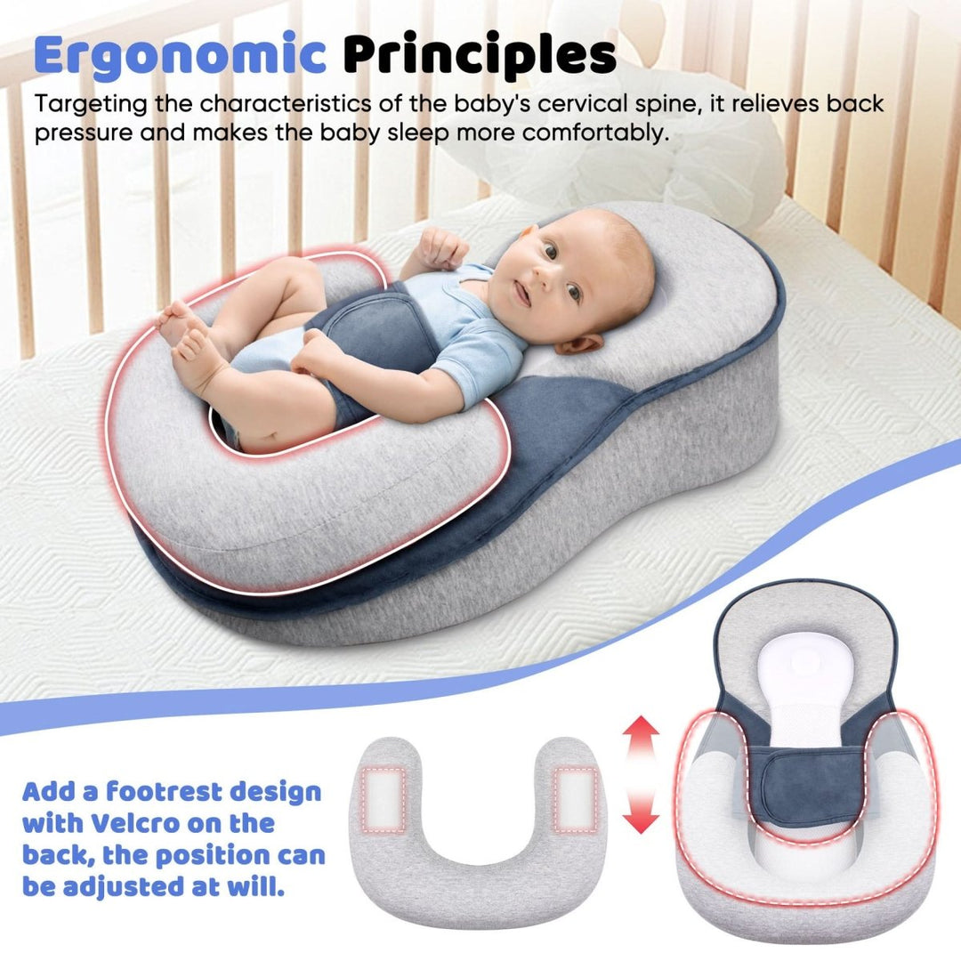 Gedetailleerde weergave van het ergonomische ontwerp van het baby kussen.