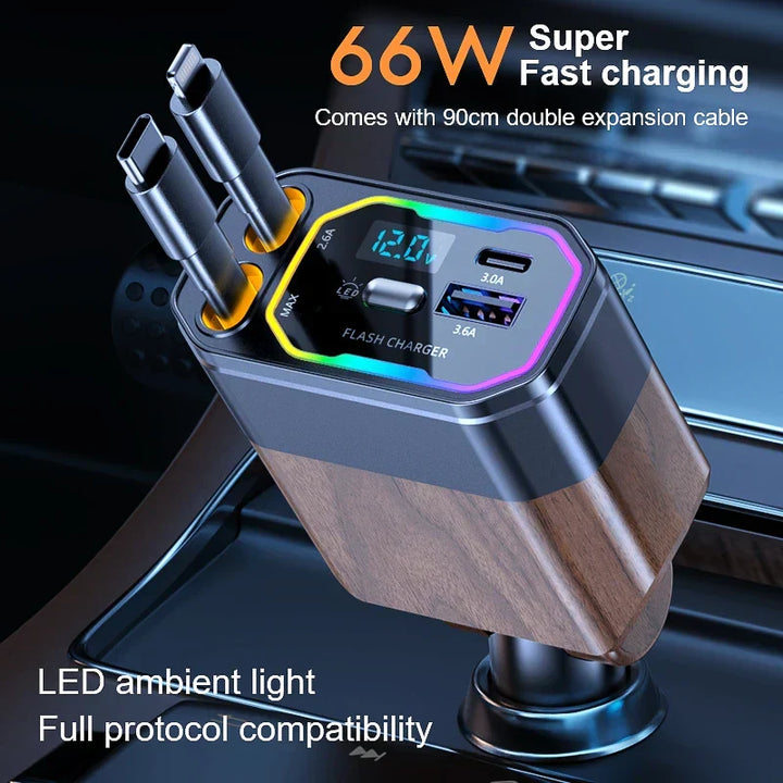 Compacte opvouwbare 120W USB-C autolader; ideaal voor snel opladen van telefoons en gadgets onderweg.