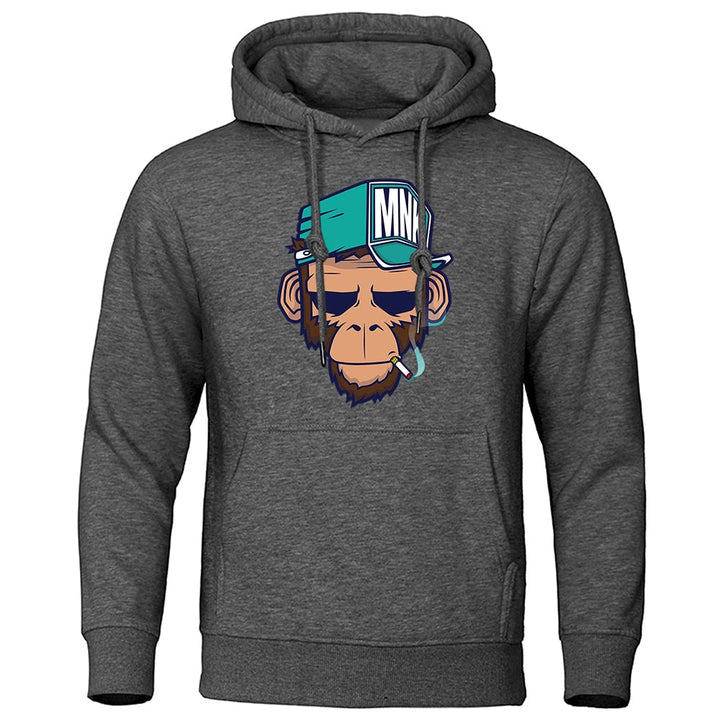 Modieuze heren hoodie met apenprint en capuchon, essentieel voor comfort en stijlvolle kleding.