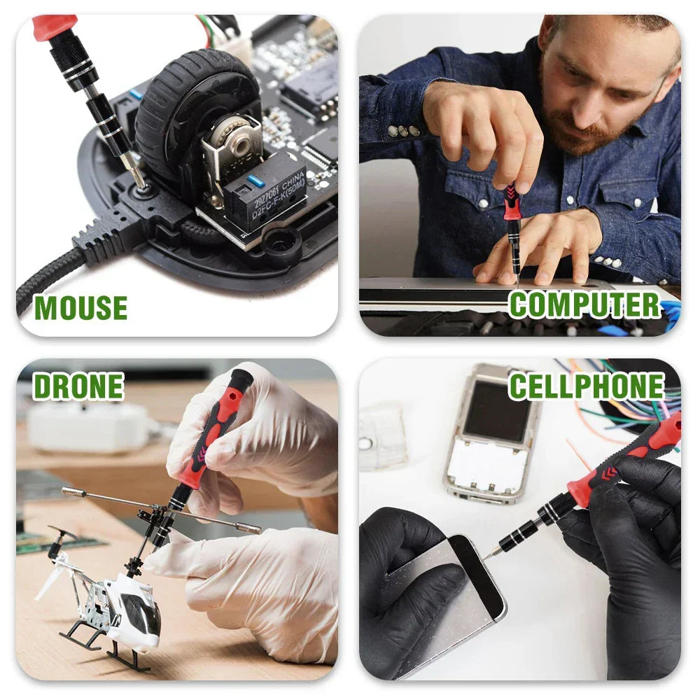Gebruiker repareert smartphone met ProFix 115-in-1 precisie schroevendraaierset en magnetische tools.