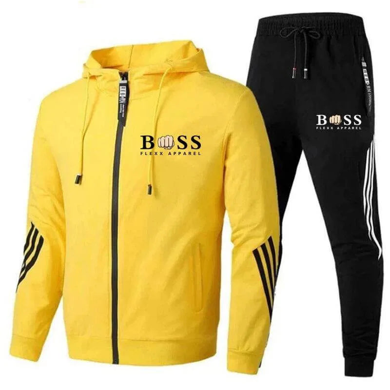 Volledig heren trainingspak met capuchon getoond vanuit de achterkant, perfect voor sportkleding