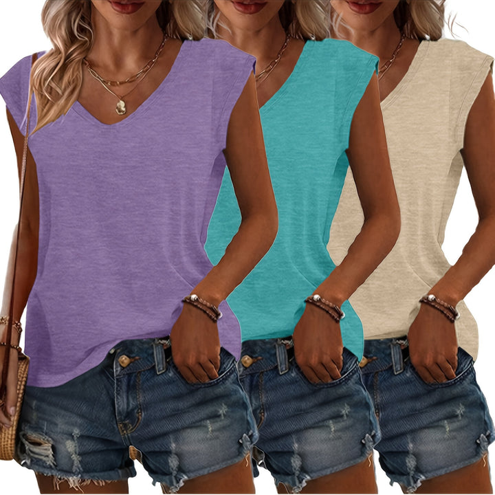 Essentiële mouwloze dames T-shirts in wit, donkergrijs en zwart, perfecte basis voor elke garderobe.