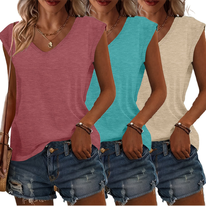 Zomerse dames T-shirt set van 3 in rood, lichtblauw en kaki tinten, comfortabel en modieus.