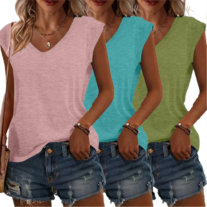 Dames T-shirt pakket met V-hals in lila, lichtblauw en kaki, ideaal voor casual looks.