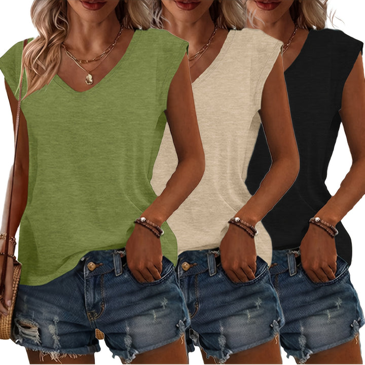 Drie basic V-hals T-shirts voor dames in wit, lichtgrijs en groen.