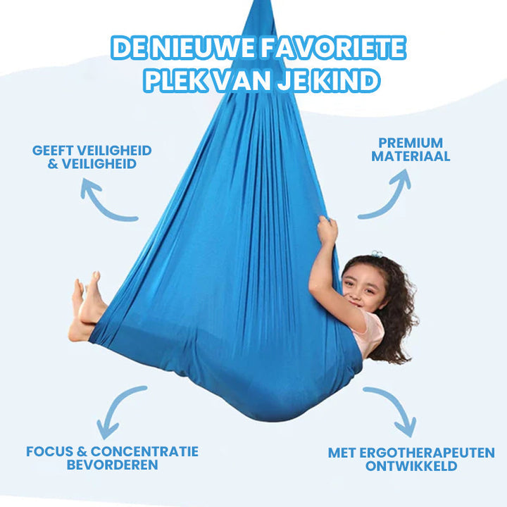 Rekbare flexibele stof van de therapieschommel met veilige 360° draaibare beugel; binnen & buiten gebruik.