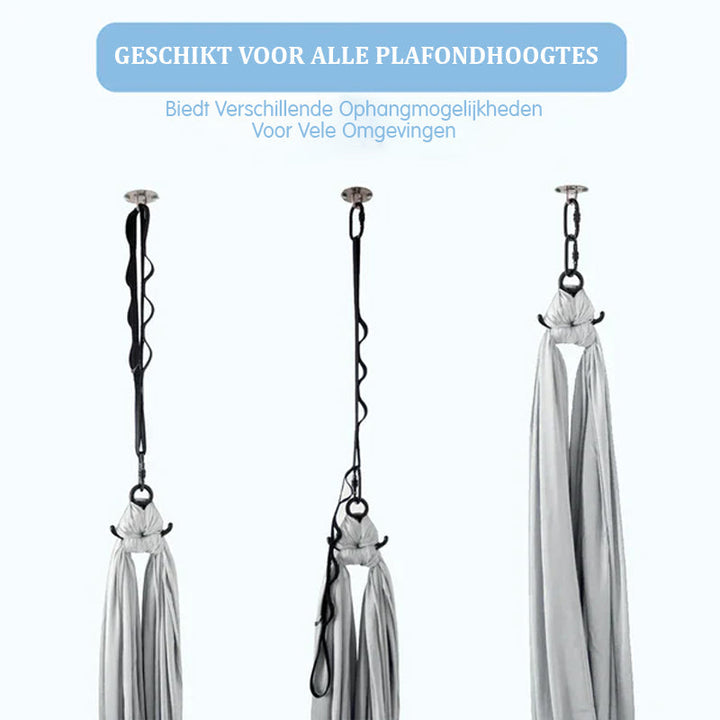 Detail van de 360° draaibare bevestiging van flexibele therapieschommel; geschikt voor plafondmontage.