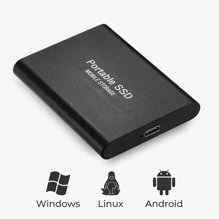 Zwarte, strakke externe SSD, perfect voor snelle dataopslag en beveiliging.