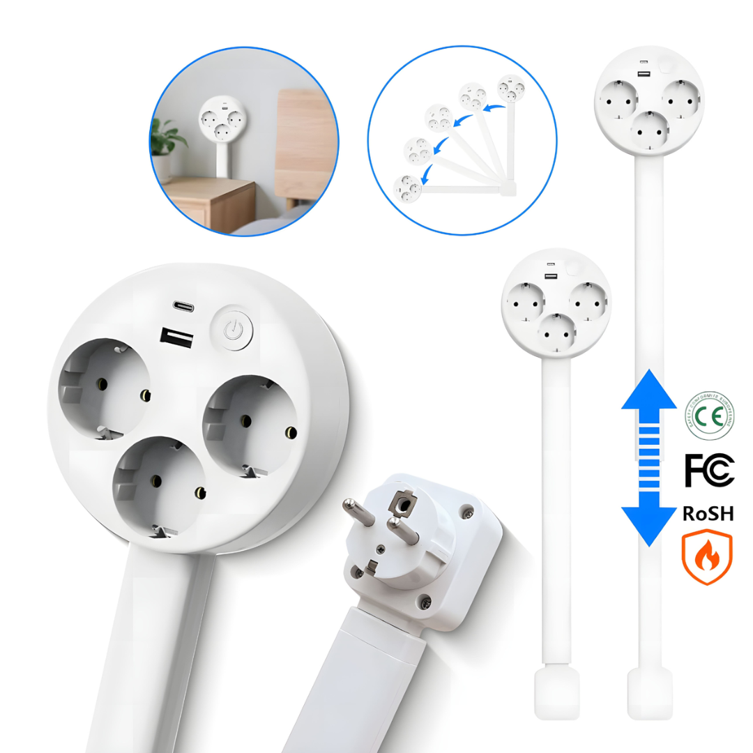 Detailweergave van de stekkerdoos met USB poorten en rotatie