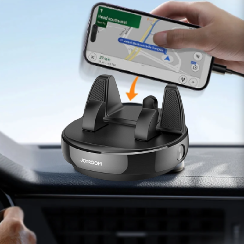 Telefoonhouder op dashboard in auto met smartphone voor navigatie