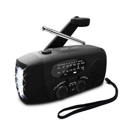 Universele noodradio met handopwinder, solar, zaklamp en powerbank functie. Essentieel voor noodsituaties en outdoor.