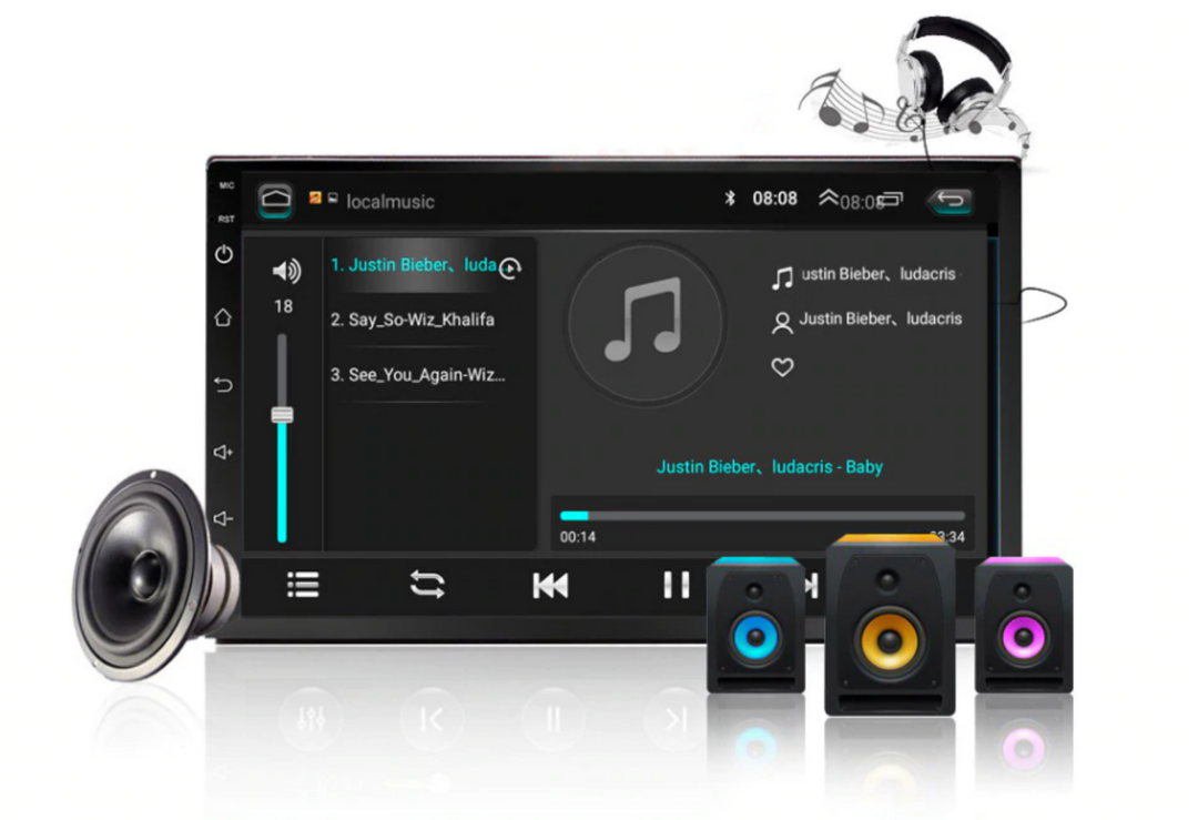 Sammy Jackson auto multimedia systeem met muziekweergave en speakers.