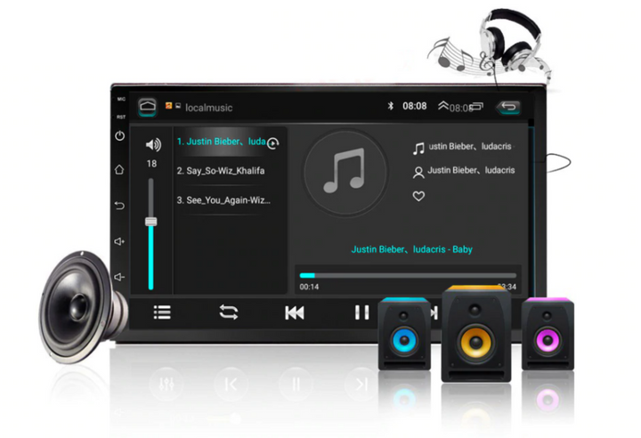 Sammy Jackson auto multimedia systeem met muziekweergave en speakers.