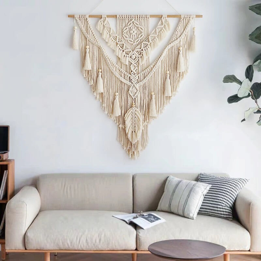 Boho wanddecoratie van textiel met geometrisch patroon voor een scandinavisch interieur