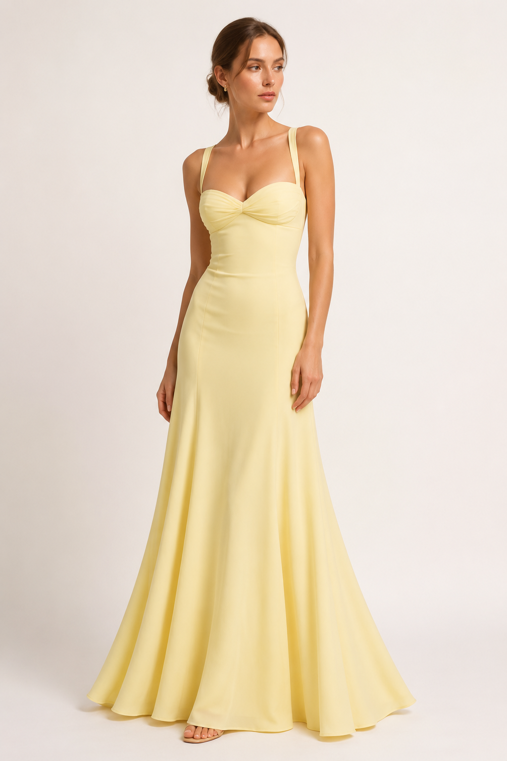 Elegante gele dames maxi-jurk met hartvormige halslijn en uitlopende rok, perfect als feest- of zomerjurk.