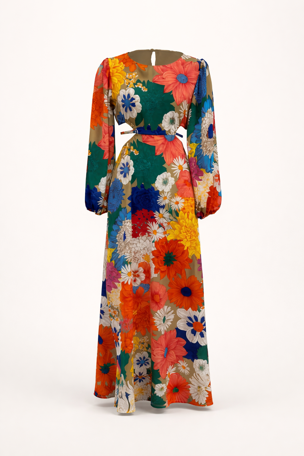 Stijlvolle dames maxi-jurk met elegante pofmouwen en kleurrijke bloemenprint