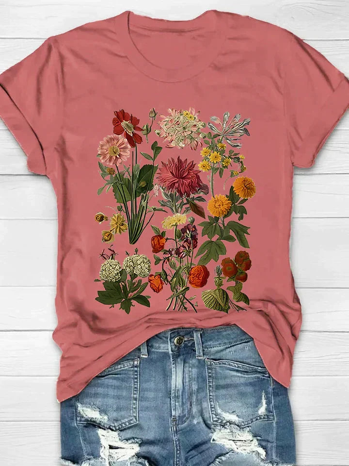 Roze dames T-shirt met een klassieke vintage bloemenillustratie