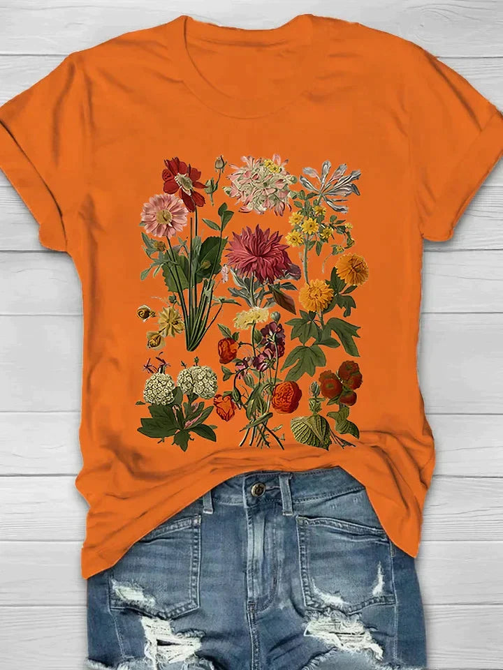 Casual chic dames zomerkleding t-shirt met ronde hals en bloemmotief