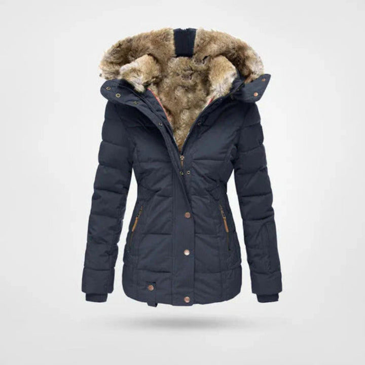 Blauwe dames winterjas met warme kraag en steekzakken