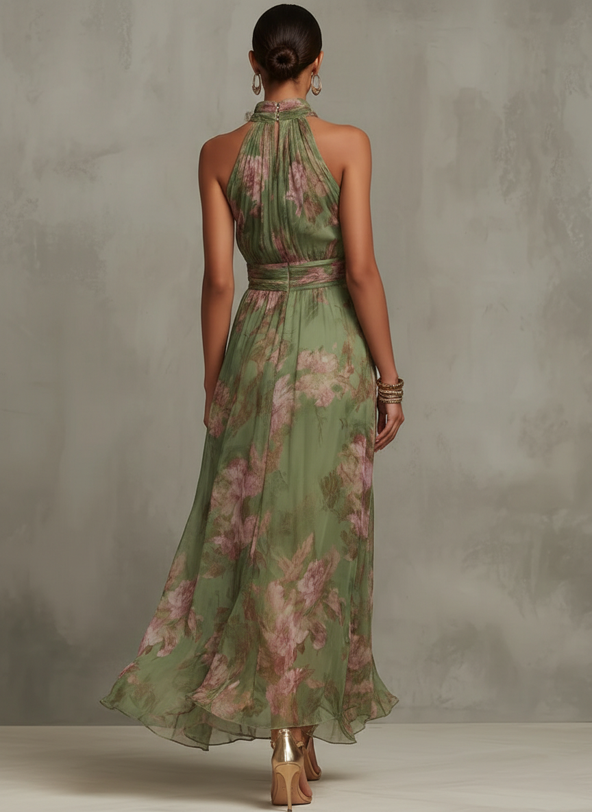 Achteraanzicht van een vrouw in een stijlvolle groene maxi-jurk met bloemenprint