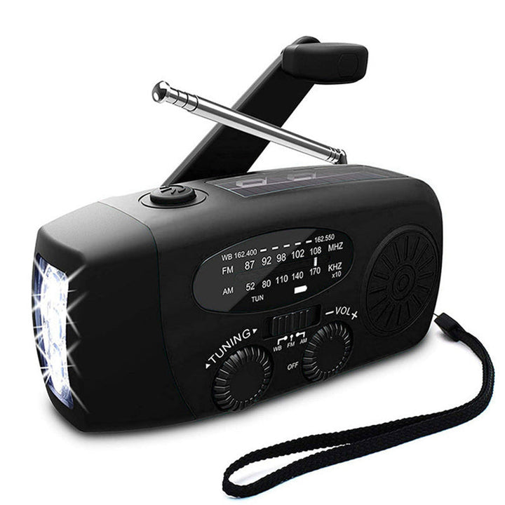 Draagbare noodradio met handopwinder voor stroom; ideaal voor survival en noodkits zonder stopcontact.