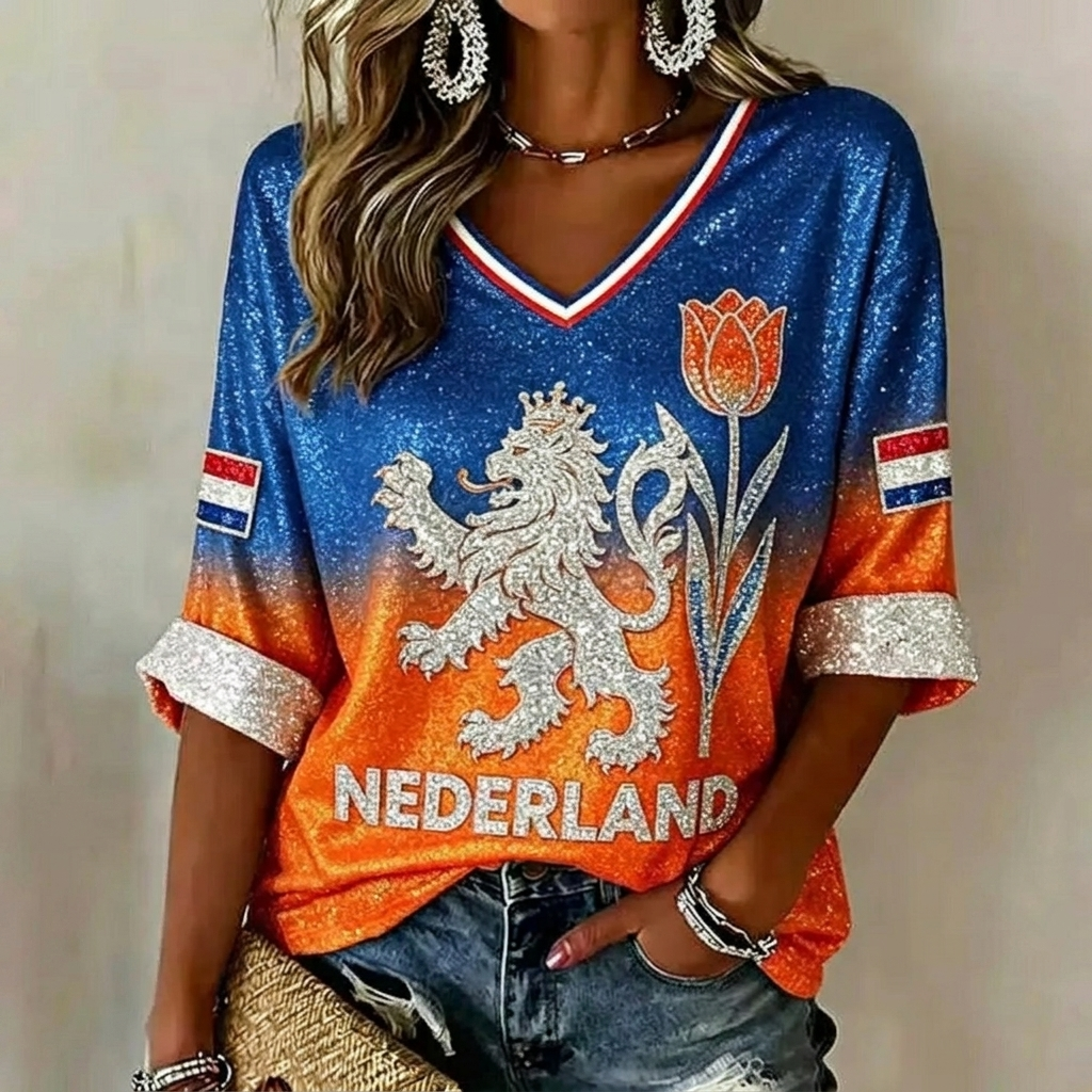 Dames getailleerde oranje WK-top gedragen door een model