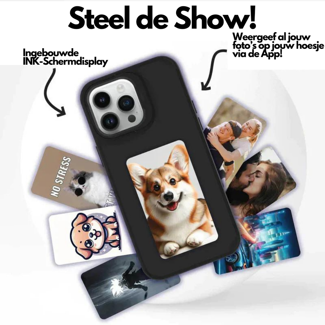 Modern iPhone hoesje met NFC-technologie en dynamisch display; personaliseer je telefoonaccessoire eenvoudig.