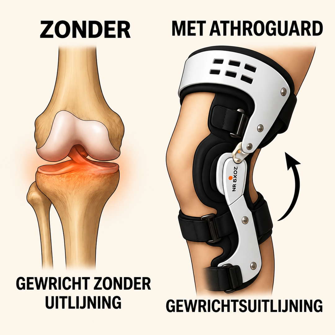 Anatomische vergelijking van een kniegewricht met en zonder ondersteuning van een brace.